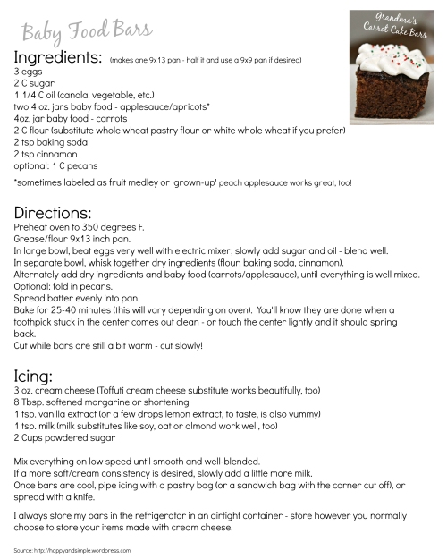 Grandma's Carrot Cake Bars… made with baby food! (recipe easily made lactose or dairy free)